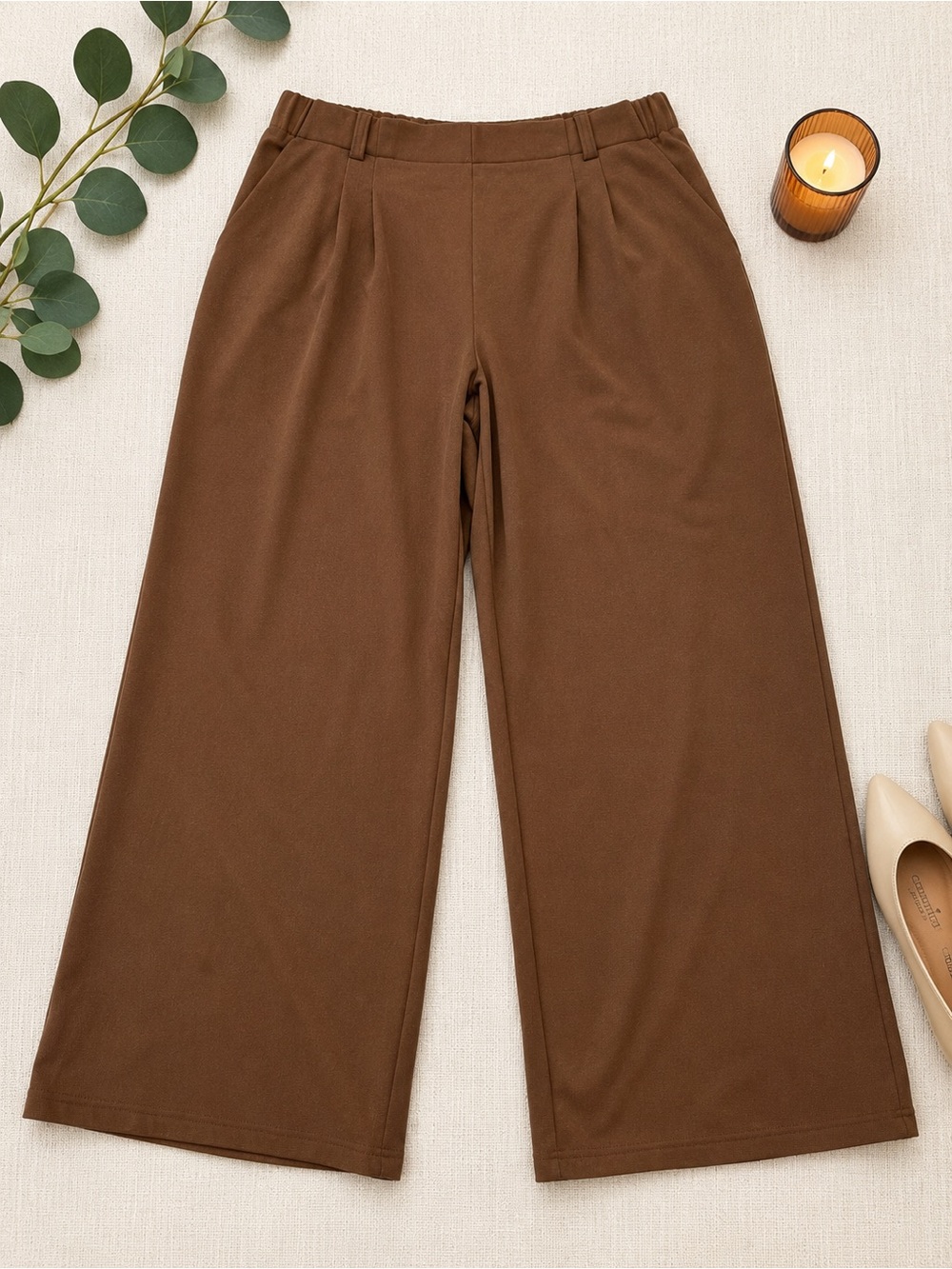 Brown Pleated Wide Leg Pull On Work Pants 2X Stretch